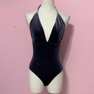 LA HEARTS Blue Velvet Halter Bodysuit XS